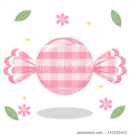 Cute Pink Pastel Gingham Candy with Flower and Leaf Decoration Cute Pink Pastel Gingham Candy with Flower and Leaf Decoration 141585422