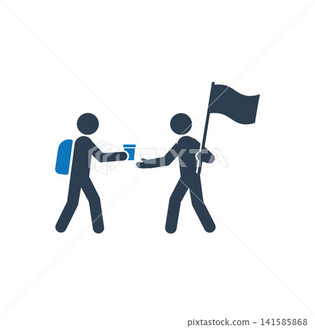 Student handing water bottle to a flag-holding protester icon 141585868