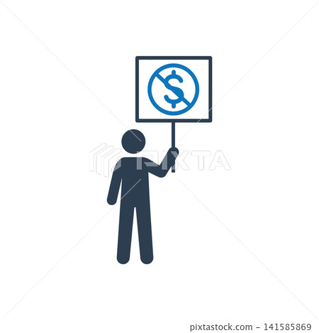 Protester holding sign with crossed-out dollar sign icon Protester holding sign with crossed-out dollar sign icon 141585869