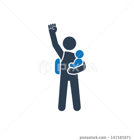 Parent with raised fist carrying baby and holding a blank sign icon Parent with raised fist carrying baby and holding a blank sign icon 141585871