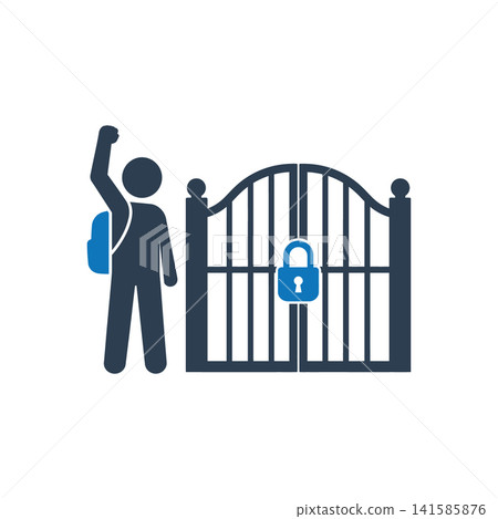 Student with raised fist standing before a locked gate icon Student with raised fist standing before a locked gate icon 141585876