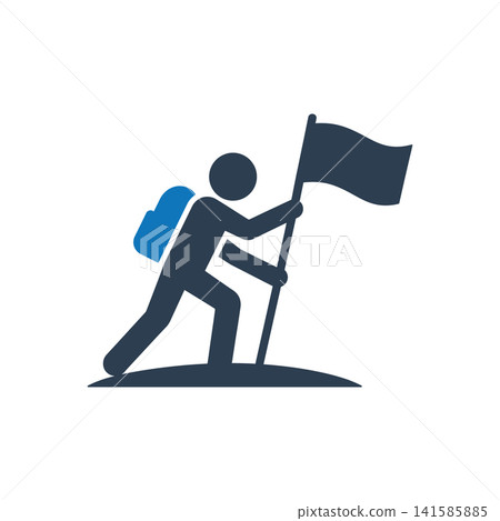 Student climbing a hill and planting a flag at the summit icon Student climbing a hill and planting a flag at the summit icon 141585885