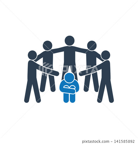 Group circling an isolated figure hugging their knees icon Group circling an isolated figure hugging their knees icon 141585892