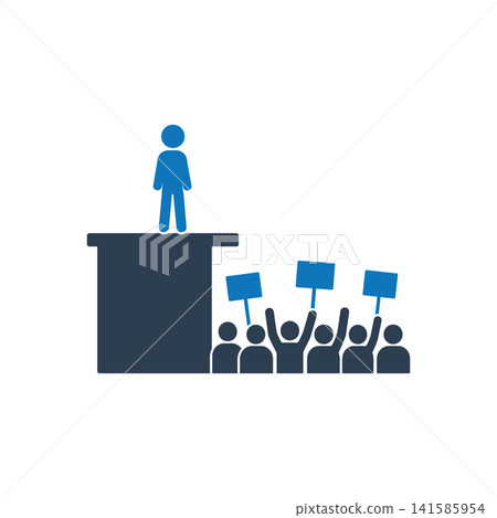 Speaker on a podium addressing a crowd with signs and flags icon 141585954