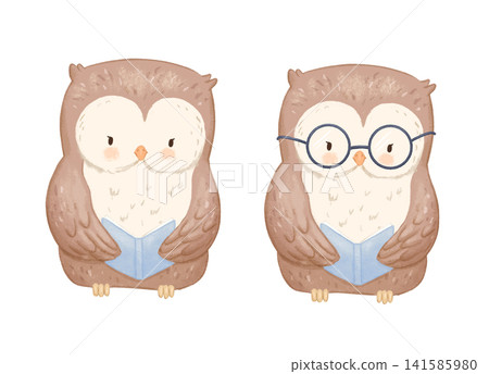 Cute owl with glasses reading book. Watercolor illustration isolated on white background for kids Cute owl with glasses reading book. Watercolor illustration isolated on white background for kids 141585980
