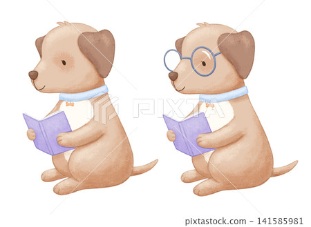 Cute dog with glasses reading book. Watercolor isolated illustration on white background for kids, hand painted pet animal Cute dog with glasses reading book. Watercolor isolated illustration on white background for kids, hand painted pet animal 141585981