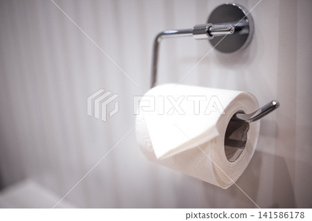White toilet paper roll on chrome holder mounted on a wall with a textured background in a modern bathroom setting White toilet paper roll on chrome holder mounted on a wall with a textured background in a modern bathroom setting 141586178