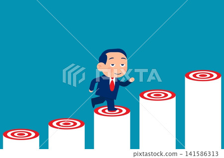 Ambition vector concept with businessman jump on graph columns. Success, achievment, motivation business symbol. Ambition vector concept with businessman jump on graph columns. Success, achievment, motivation business symbol. 141586313