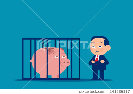 Businessman stand with wealthy piggy bank under bird cage strong protection. Protect money from inflation, insurance. Flat vector illustration 141586317