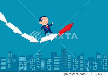 Economic Recovery. Change from down turn to rising. Businessman jumping from falling arrow to rising arrow.  Cute little busuiness vector 141586319