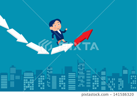 Economic Recovery. Change from down turn to rising. Businesswoman jumping from falling arrow to rising arrow. Cute little busuiness vector Economic Recovery. Change from down turn to rising. Businesswoman jumping from falling arrow to rising arrow. Cute little busuiness vector 141586320