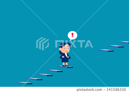 a gloomy woman in a suit standing in the middle of the stairs that lead to the top and does not know where to move further because he has lost motivation a gloomy woman in a suit standing in the middle of the stairs that lead to the top and does not know where to move further because he has lost motivation 141586330