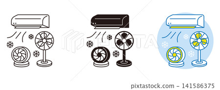 Icons for air conditioners, fans, and air circulators. Illustrations for indoor heat countermeasures and heatstroke prevention. Icons for air conditioners, fans, and air circulators. Illustrations for indoor heat countermeasures and heatstroke prevention. 141586375