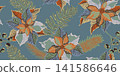 tropical leaves pattern on watercolor blue background 141586646