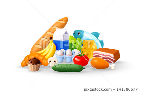 Assorted grocery products in 3d style illustration Assorted grocery products in 3d style illustration 141586677