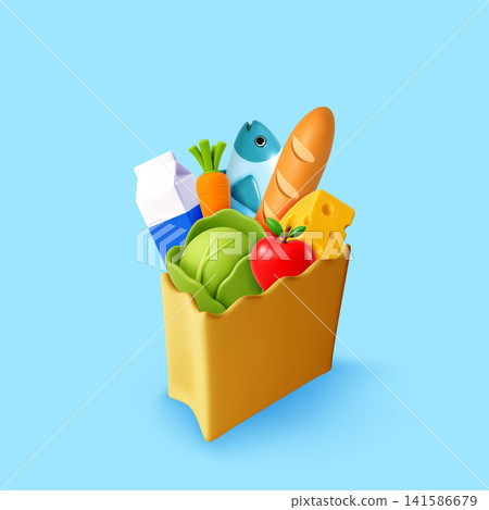 3D Grocery bag filled with fresh food 3D Grocery bag filled with fresh food 141586679