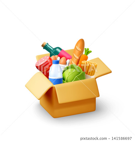 3D Cardboard box with fresh grocery products 3D Cardboard box with fresh grocery products 141586697