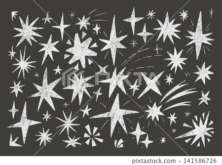 Chalk stars and sparkles set. Crayon twinkles, blinks, firework, silhouette and glowing symbols. Magic stars, spark falling set hand drawn with pencil scribble texture. Vector isolated on black. Chalk stars and sparkles set. Crayon twinkles, blinks, firework, silhouette and glowing symbols. Magic stars, spark falling set hand drawn with pencil scribble texture. Vector isolated on black. 141586726