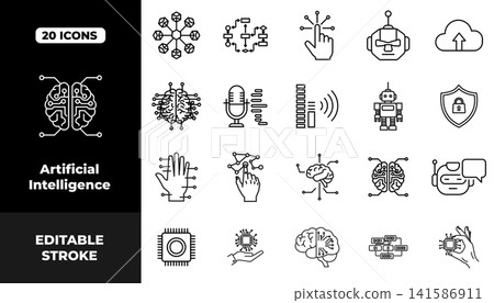 Artificial Intelligence Outline Icon Set with AI Brain, Robot, Microchip and Technology Line Icons 141586911