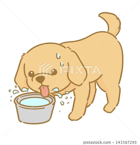 A hand-drawn illustration of a brown dog drinking a lot of water. 141587293