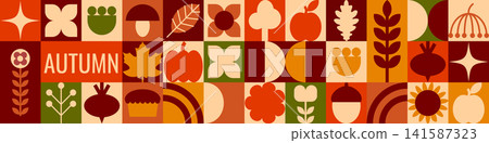 Autumn harvest horizontal geometric grid banner with foliage and crop icons Autumn harvest horizontal geometric grid banner with foliage and crop icons 141587323