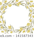 Green olive branches and golden olives watercolor wreath composition forming a full circle for wedding stationery, certificates, olive oil packaging, greeting cards, branding and wall prints. 141587343