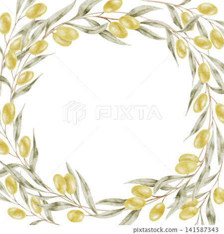 Green olive branches and golden olives watercolor wreath composition forming a full circle for wedding stationery, certificates, olive oil packaging, greeting cards, branding and wall prints. Green olive branches and golden olives watercolor wreath composition forming a full circle for wedding stationery, certificates, olive oil packaging, greeting cards, branding and wall prints. 141587343