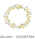 Green olive branches and golden olives watercolor wreath composition clipart for wedding logos, invitation cards, product labels, branding, stickers, packaging and social media graphics. 141587344