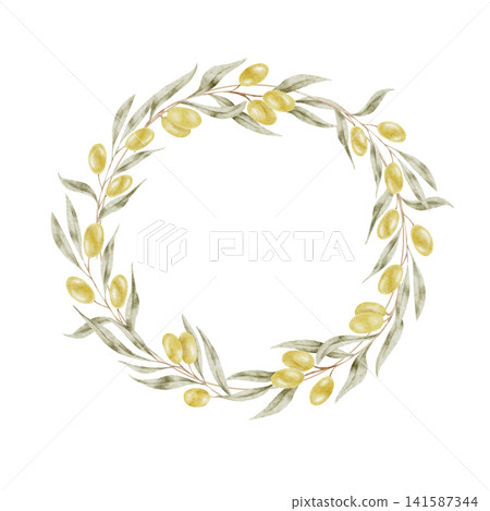 Green olive branches and golden olives watercolor wreath composition clipart for wedding logos, invitation cards, product labels, branding, stickers, packaging and social media graphics. Green olive branches and golden olives watercolor wreath composition clipart for wedding logos, invitation cards, product labels, branding, stickers, packaging and social media graphics. 141587344