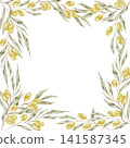 Green olive branches and golden olives watercolor frame illustration surrounding the page for wedding stationery, greeting cards, restaurant menus, packaging, certificates and printable designs. 141587345