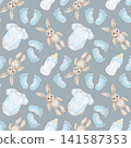 Beige bunny toys, blue baby bodysuits, bottles and footprints watercolor seamless pattern on blue background for nursery textiles, gift wrap, wallpaper, packaging and baby accessories. 141587353
