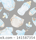 Blue baby bodysuits, beige diapers, baby bottles and shoes watercolor seamless pattern on gray background for nursery wallpaper, textiles, gift packaging, apparel and stationery products. 141587354