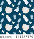 Beige diapers, blue footprints, baby bottles and pacifiers watercolor seamless pattern on dark blue background for nursery textiles, gift wrap, apparel, wallpaper and baby accessories. 141587379