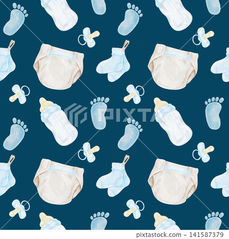 Beige diapers, blue footprints, baby bottles and pacifiers watercolor seamless pattern on dark blue background for nursery textiles, gift wrap, apparel, wallpaper and baby accessories. Beige diapers, blue footprints, baby bottles and pacifiers watercolor seamless pattern on dark blue background for nursery textiles, gift wrap, apparel, wallpaper and baby accessories. 141587379