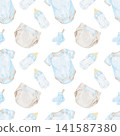 Blue baby bodysuits, beige diapers, baby bottles and pacifiers watercolor seamless pattern clipart for nursery textiles, wallpaper, wrapping paper, stationery, packaging and digital paper. 141587380