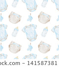 Blue baby bodysuits, beige diapers, baby bottles and pacifiers watercolor seamless pattern illustration for fabric, wrapping paper, nursery wallpaper, apparel, stationery and baby products. 141587381