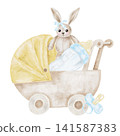 Beige baby stroller, bunny toy, blue baby bottle and pacifier watercolor illustration composition for birth announcements, nursery prints, invitations, baby gifts, branding and merchandise. 141587383