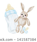 Blue baby bottle, beige bunny toy and blue pacifier watercolor illustration composition for baby shower invitations, nursery wall art, packaging, baby albums, stationery and printable products. 141587384