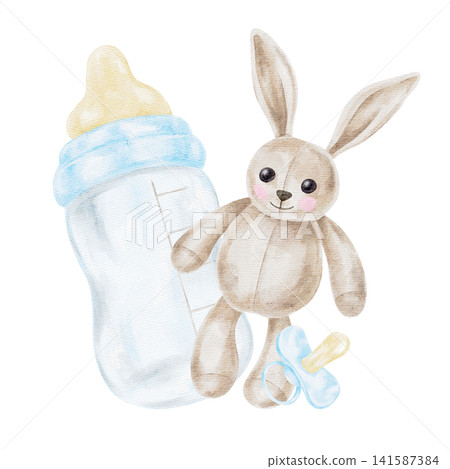 Blue baby bottle, beige bunny toy and blue pacifier watercolor illustration composition for baby shower invitations, nursery wall art, packaging, baby albums, stationery and printable products. Blue baby bottle, beige bunny toy and blue pacifier watercolor illustration composition for baby shower invitations, nursery wall art, packaging, baby albums, stationery and printable products. 141587384