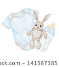 Blue baby bodysuit, beige bunny toy and baby bottle watercolor illustration composition for nursery decor, baby shower cards, gift packaging, scrapbook pages, birth announcements and branding 141587385