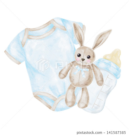 Blue baby bodysuit, beige bunny toy and baby bottle watercolor illustration composition for nursery decor, baby shower cards, gift packaging, scrapbook pages, birth announcements and branding Blue baby bodysuit, beige bunny toy and baby bottle watercolor illustration composition for nursery decor, baby shower cards, gift packaging, scrapbook pages, birth announcements and branding 141587385