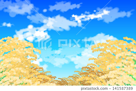 一幅描繪成熟稻田的風景插圖。 141587389