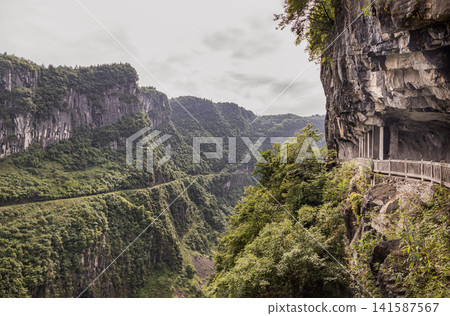 Dramatic Canyon Pass with Cliff-Hugging Walkway Carved into the Karst Formations of Wulong Geology Park, Chongqing Mountainous Landscape Dramatic Canyon Pass with Cliff-Hugging Walkway Carved into the Karst Formations of Wulong Geology Park, Chongqing Mountainous Landscape 141587567