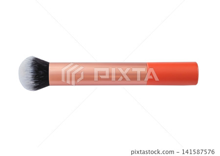 Makeup brush isolated on white background. Brush for loose powder. Beauty tutorials. Makeup guides. Top view. Makeup brush isolated on white background. Brush for loose powder. Beauty tutorials. Makeup guides. Top view. 141587576