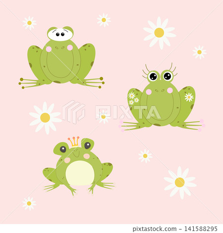 A set of vector illustrations featuring cute little green frogs. Kawaii-style frog characters. A set of vector illustrations featuring cute little green frogs. Kawaii-style frog characters. 141588295