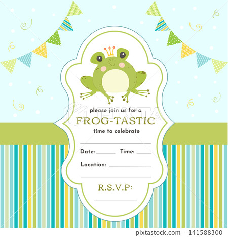 Birthday invitation template with a cute frog, a striped background, and a bunting garland. 141588300
