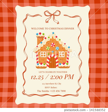 Christmas dinner invitation card template with cute gingerbread house on red checkered background. Vector holiday invitation design. Christmas dinner invitation card template with cute gingerbread house on red checkered background. Vector holiday invitation design. 141588352