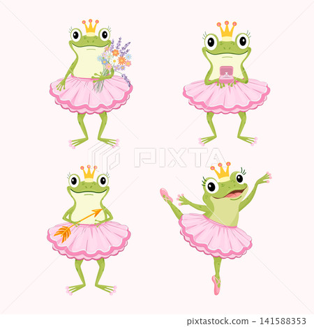 Cute frog princess ballerina character set. Vector illustration of a funny frog in a pink tutu skirt and golden crown holding flowers, a ring box, an arrow, and dancing ballet. Cute frog princess ballerina character set. Vector illustration of a funny frog in a pink tutu skirt and golden crown holding flowers, a ring box, an arrow, and dancing ballet. 141588353