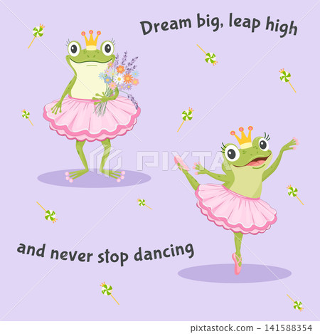 Cute ballerina frogs vector illustration, nursery invitation card template with dancing frogs in pink tutus and inspirational quote. Cute ballerina frogs vector illustration, nursery invitation card template with dancing frogs in pink tutus and inspirational quote. 141588354