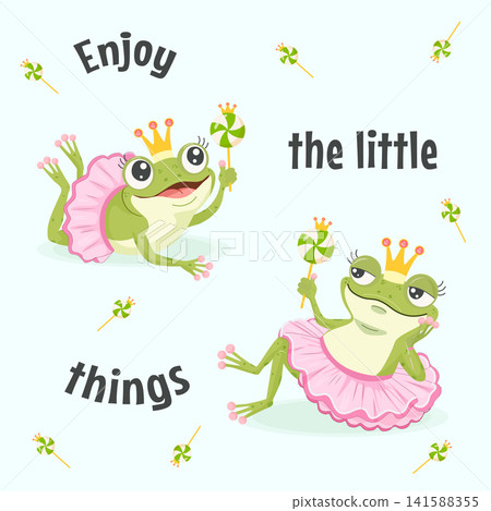 Cute frog princess vector invitation card template with Enjoy the little things text. Cute frog princess vector invitation card template with Enjoy the little things text. 141588355